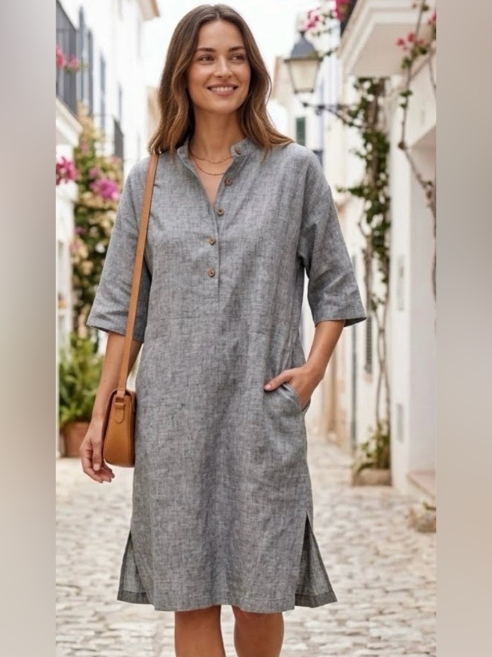 Vikolino Weekend Linen Tunic Shirt Dress in Heather Gray Sz M/L